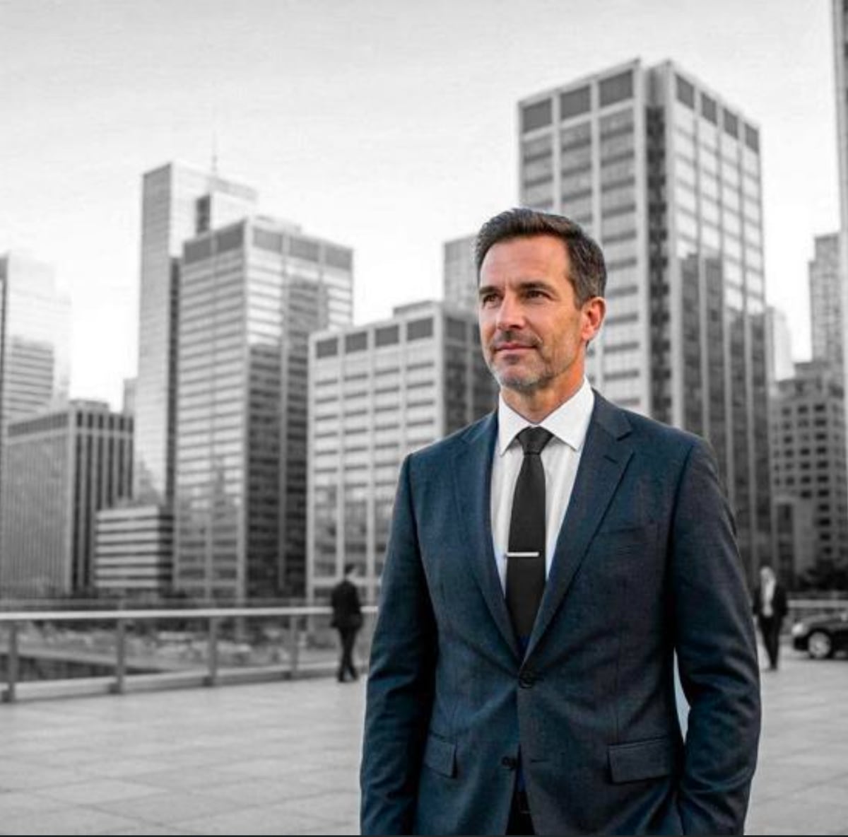 An executive standing before a city skyline of office towers
